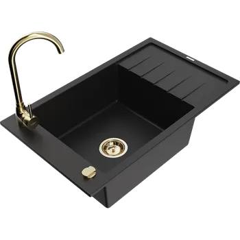 Granitový dřez Mexen Elias granitový jednodřez s odkapávačem a kuchyňskou baterií Telma, černý - 6511-77-670200-50 Granitové dřezy s baterií