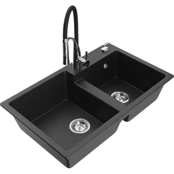 Granitový dřez Mexen Tomas granitový dřez 2-komorový s kuchyňskou baterií Aster, černý/stříbrný metalik - 6516-73-73450-07 Granitové dřezy s baterií
