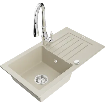 Granitový dřez Mexen Pablo granitový dřez s odkapávačem a kuchyňskou baterií Savita, béžový - 6510-69-672601-00 Granitové dřezy s baterií