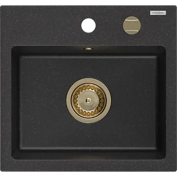 Granitový dřez Mexen Milo žulový dřez jednokomorový 435 x 410 mm, černý/stříbrný metalík, zlatý sifon - 6505441000-73-G Granitové dřezy