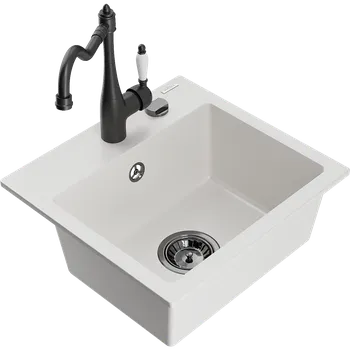 Granitový dřez Mexen Milo granitový dřez 1-komorový s kuchyňskou baterií Carla, bílý - 6505-20-670700-70 Granitové dřezy s baterií