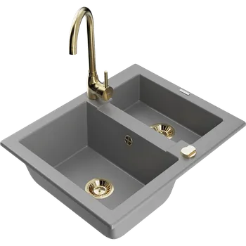 Granitový dřez Mexen Carlos granitový dřez 1,5-komorový s kuchyňskou baterií Telma, šedý - 6518-71-670200-50 Granitové dřezy s baterií