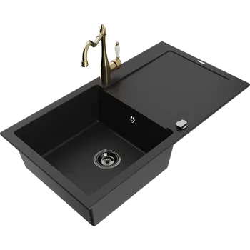 Granitový dřez Mexen Leo granitový dřez 1-komorový s odkapávačem a kuchyňskou baterií Carla, černý - 6501-77-670700-50-B Granitové dřezy s baterií