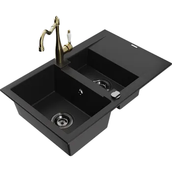 Granitový dřez Mexen Gaspar, 1,5-komorový granitový dřez s odkapávačem a kuchyňskou baterií Carla, černý - 6507-77-670700-50-B Granitové dřezy s baterií