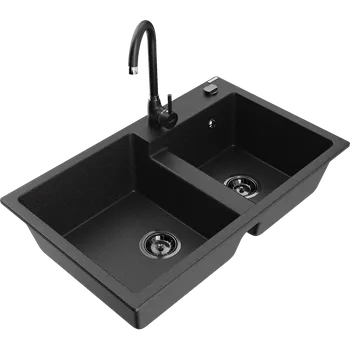 Granitový dřez Mexen Tomas dvoukomorový dřez s granitovou kuchyňskou baterií Telma, černý/stříbrný metalik - 6516-73-670200-70-B Granitové dřezy s baterií