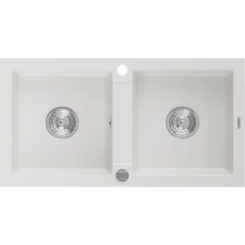 Granitový dřez Mexen Mario granitový dřez dvoukomorový 820 x 436 mm, bílý, sifon chrom - 6504822000-20 Granitové dřezy