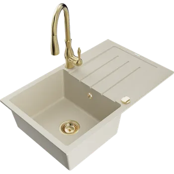 Granitový dřez Mexen Bruno granitový dřez 1-komorový s odkapávačem a kuchyňskou baterií Savita, béžový - 6513-69-672601-50 Granitové dřezy s baterií