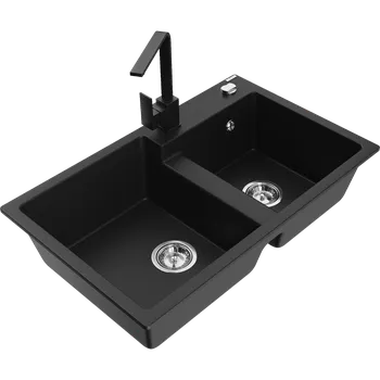 Granitový dřez Mexen Tomas žulový dřez 2komorový s kuchyňskou baterií Rita, černý - 6516-77-670300-70 Granitové dřezy s baterií