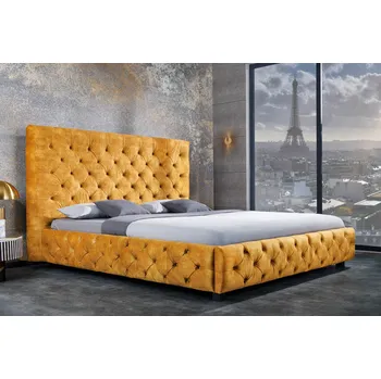 Postel Moderní manželská postel Kreon se sametovým potahem žluté barvy s chesterfield prošíváním 160x200cm