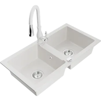 Granitový dřez Mexen Mario žulový dřez s 2 komorami a kuchyňskou baterií Savita, bílý - 6504-20-672601-20 Granitové dřezy s baterií