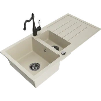 Granitový dřez Mexen Andres dřez granitový 1,5-komorový s odkapávačem a kuchyňskou baterií Carla, béžový - 6515-69-670700-70 Granitové dřezy s baterií