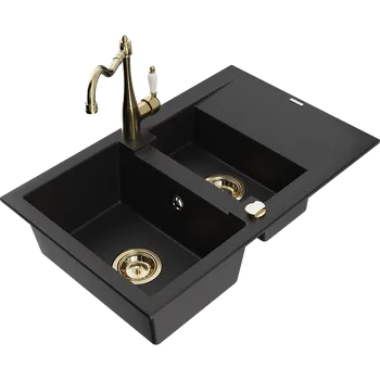 Granitový dřez Mexen Gaspar granitový dřez 1,5-komorový s odkapávačem a kuchyňskou baterií Carla, černý - 6507-77-670700-50 Granitové dřezy s baterií