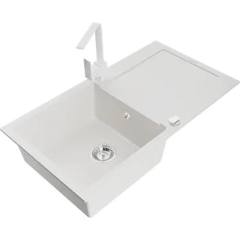 Granitový dřez Mexen Leo granitový dřez 1-komorový s odkapávačem a kuchyňskou baterií Rita, bílý - 6501-20-670300-20 Granitové dřezy s baterií