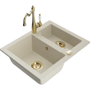 Granitový dřez Mexen Carlos žulový dřez 1,5-komorový s kuchyňskou baterií Carla, béžový - 6518-69-670700-50 Granitové dřezy s baterií