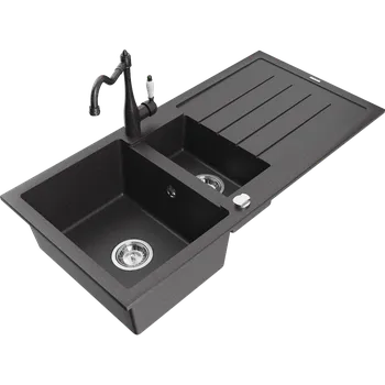 Granitový dřez Mexen Andres granitový dřez 1,5-komorový s odkapávačem a kuchyňskou baterií Carla, černý tečkovaný - 6515-76-670700-76 Granitové dřezy s baterií