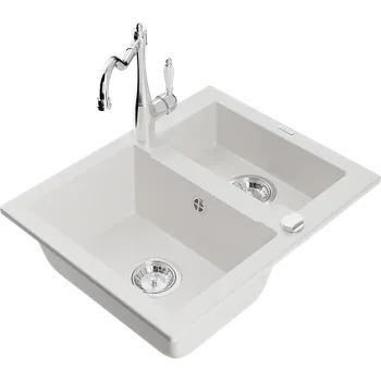 Granitový dřez Mexen Carlos žulový dřez s 1,5 komorami a kuchyňskou baterií Carla, bílý - 6518-20-670700-00 Granitové dřezy s baterií