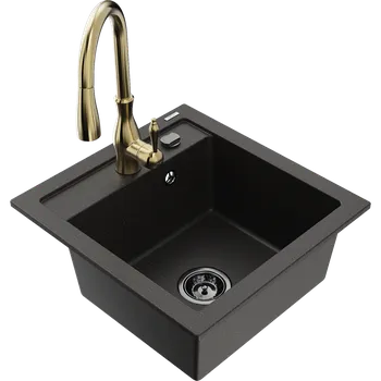 Granitový dřez Mexen Vito granitový dřez s 1 přihrádkou s kuchyňskou baterií Savita, černý/zlatý metalický - 6503-75-672601-50-B Granitové dřezy s baterií