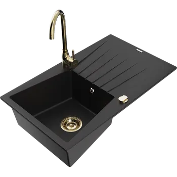Granitový dřez Mexen Cesar žulový dřez 1-komorový s odkapávačem a kuchyňskou baterií Telma, černý - 6514-77-670200-50 Granitové dřezy s baterií