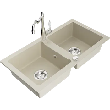 Granitový dřez Mexen Mario dvojkomorový granitový dřez s kuchyňskou baterií Carla, béžový - 6504-69-670700-00 Granitové dřezy s baterií
