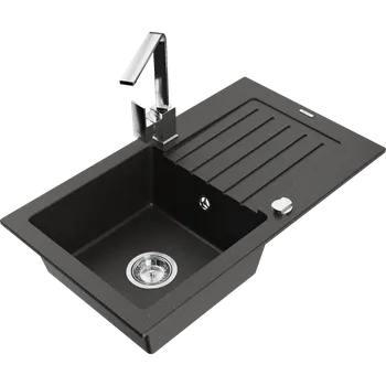 Granitový dřez Mexen Pablo granitový dřez s 1 komorou a odkapávací plochou a kuchyňskou baterií Rita, černý/zlatý metalík- 6510-75-670300-00 Granitové dřezy s baterií