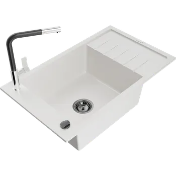 Granitový dřez Mexen Elias granitový dřez 1-komorový s odkapávačem a kuchyňskou baterií Flora, bílý - 6511-20-670401-07-B Granitové dřezy s baterií