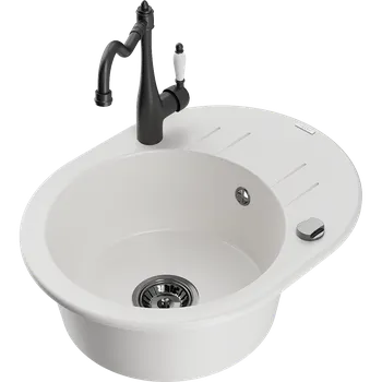 Granitový dřez Mexen Kevin granitový dřez 1-komorový s odkapávačem a kuchyňskou baterií Carla, bílý - 6517-20-670700-70 Granitové dřezy s baterií