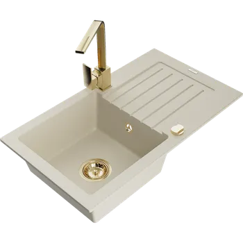 Granitový dřez Mexen Pablo granitový kuchyňský dřez 1-komorový s odkapávačem a kuchyňskou baterií Rita, béžový - 6510-69-670300-50 Granitové dřezy s baterií