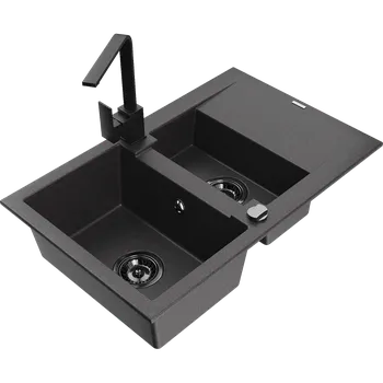 Granitový dřez Mexen Gaspar granitový dřez 1,5-komorový s odkapávačem a kuchyňskou baterií Rita, černý kropenatý - 6507-76-670300-70-B Granitové dřezy s baterií