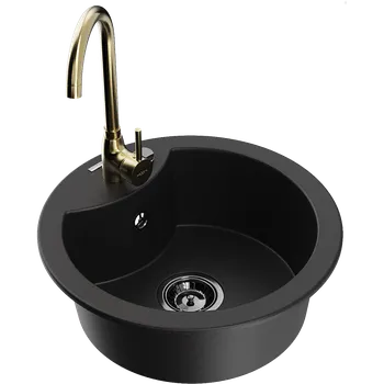 Granitový dřez Mexen Diego granitový dřez s 1 komorou a kuchyňskou baterií Telma, černý - 6512-77-670200-50-B Granitové dřezy s baterií