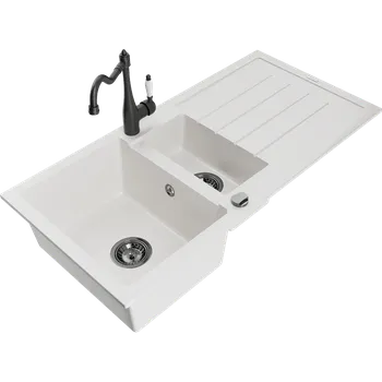 Granitový dřez Mexen Andres granitový dřez 1,5-komorový s odkapávačem a kuchyňskou baterií Carla, bílý - 6515-20-670700-70 Granitové dřezy s baterií