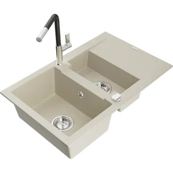 Granitový dřez Mexen Gaspar granitový dřez 1,5-komorový s odkapávačem a kuchyňskou baterií Flora, béžový - 6507-69-670401-07 Granitové dřezy s baterií