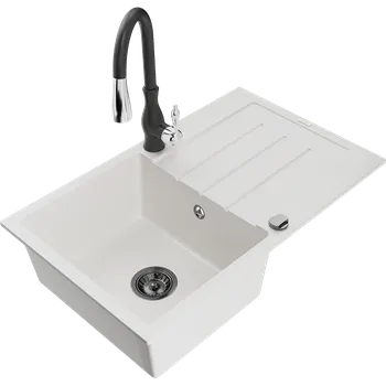 Granitový dřez Mexen Bruno granitový dřez 1-komorový s odkapávačem a kuchyňskou baterií Savita, bílý - 6513-20-672601-70 Granitové dřezy s baterií