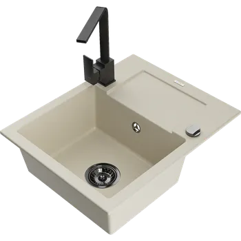 Granitový dřez Mexen Enzo granitový dřez 1-komorový s odkapávačem a kuchyňskou baterií Rita, béžový - 6506-69-670300-70 Granitové dřezy s baterií