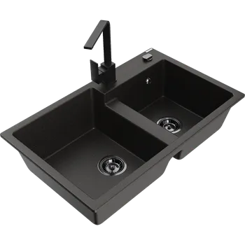 Granitový dřez Mexen Tomas granitový dřez 2komorový s kuchyňskou baterií Rita, černý/zlatý metalik - 6516-75-670300-70-B Granitové dřezy s baterií