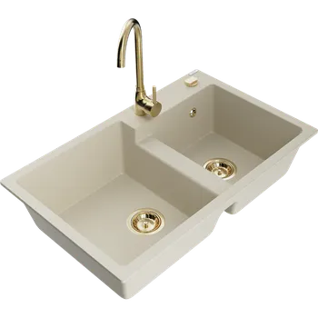 Granitový dřez Mexen Tomas žulový dřez dvoukomorový s kuchyňskou baterií Telma, béžový - 6516-69-670200-50 Granitové dřezy s baterií