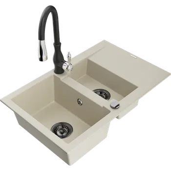 Granitový dřez Mexen Gaspar granitový dřez 1,5-komorový s odkapávačem a kuchyňská baterie Savita, béžový - 6507-69-672601-70 Granitové dřezy s baterií
