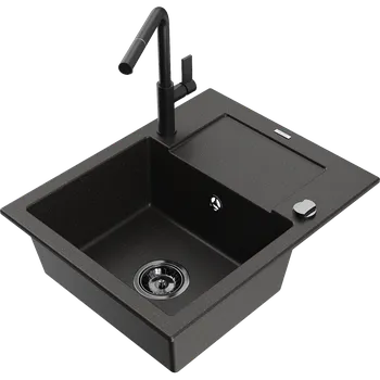 Granitový dřez Mexen Enzo granitový dřez 1-komorový s odkapávačem a kuchyňskou baterií Flora, černý/zlatý metalický - 6506-75-670401-70-B Granitové dřezy s baterií