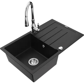 Granitový dřez Mexen Bruno granitový dřez 1-komorový s odkapávačem a kuchyňskou baterií Savita, černý - 6513-77-672601-00 Granitové dřezy s baterií