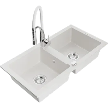 Granitový dřez Mexen Mario žulový dvoukomorový dřez s kuchyňskou baterií Aster, bílý - 6504-20-73450-02 Granitové dřezy s baterií