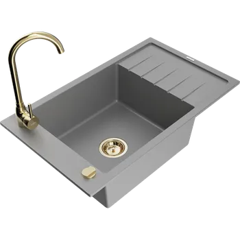Granitový dřez Mexen Elias granitový dřez 1-komorový s odkapávačem a kuchyňskou baterií Telma, šedý - 6511-71-670200-50 Granitové dřezy s baterií