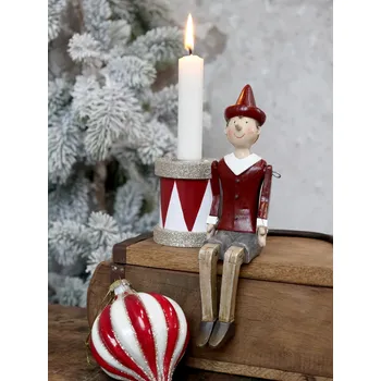 Vánoční dekorace Červeno-bílý antik dřevěný svícen s glitry - 6*7cm