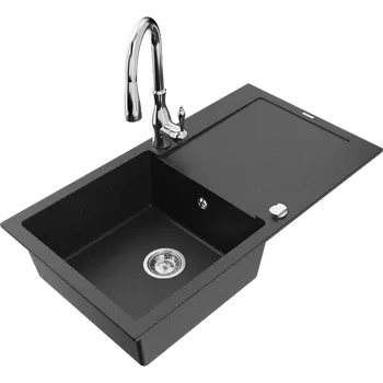 Granitový dřez Mexen Leo granitový dřez 1-komorový s odkapávačem a kuchyňskou baterií Savita, černý/stříbrný metalik - 6501-73-672601-00 Granitové dřezy s baterií