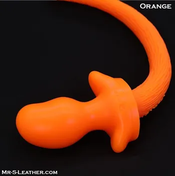 Anální kolík Mr. S Leather Puppy Tail from Oxballs Orange, silikonový anální kolík – psí ocas 9,8 x 3,2–5,4 cm