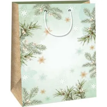 Dárková taška Ditipo Dárková papírová taška 32,4 x 10,2 x 45,5 cm Vánoční světle zelená - větvičky, vločky
