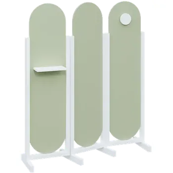 Paraván ATMOSFERE ROUND 416, dřevěný 3-dílný paraván, mobilní, výška 1600 mm, rám bílá, výplň šedo-zelinkavá, polička, věšák