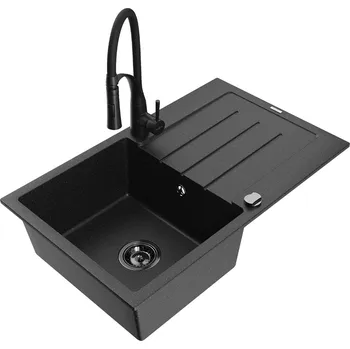 Granitový dřez MEXEN/S - Bruno granitový dřez s odkapávačem včetně baterie Aster, černá/stříbrná metalik 6513-73-73450-70-B