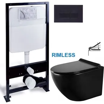 Klozet PRIM předstěnový instalační systém s černým tlačítkem 20/0044 + WC MEXEN LENA ČERNÁ Rimless + SEDÁTKO PRIM_20/0026 44 ME01