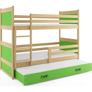 Postel BMS GROUP Dětská patrová postel Rico - 3 osoby, 90x200 s výsuvnou přistýlkou s matrací – Borovice, Zelená, Zelená