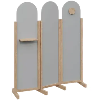 Paraván ATMOSFERE ROUND 216, dřevěný 3-dílný paraván, mobilní, výška 1600 mm, rám dub bardolino, výplň šedá, polička, věšák