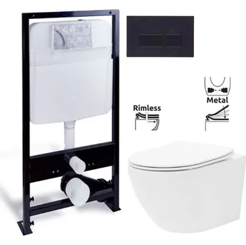 Klozet PRIM předstěnový instalační systém s černým tlačítkem 20/0044 + WC REA Carlo Flat Mini Rimless + SEDÁTKO PRIM_20/0026 44 CF1